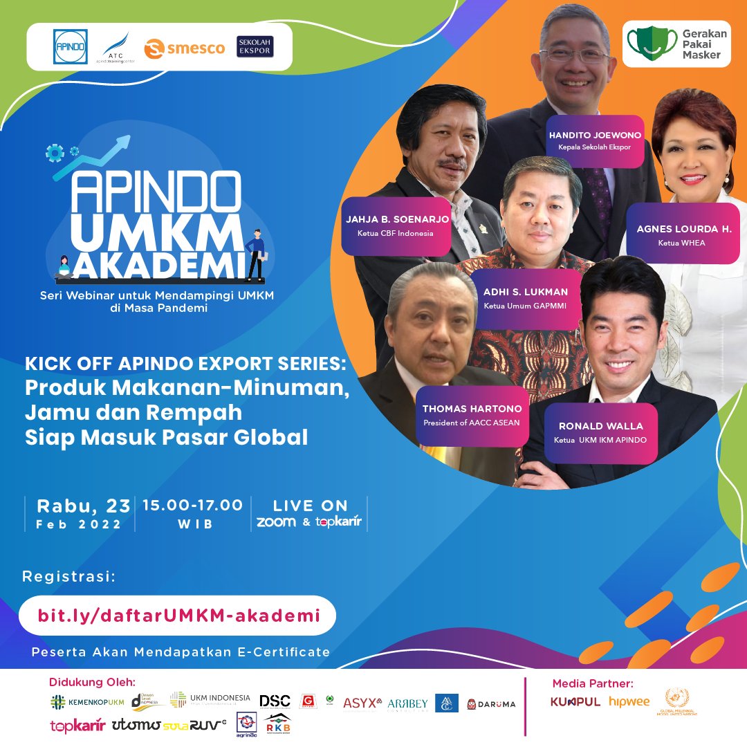 TopKarir's tweet photo. Bingung cari cara buat bikin bisnis kamu go pasar global? Yuk temukan jawabannya di Kick Off APINDO Export Series : Produk Makanan-Minuman, Jamu dan Rempah Siap Masuk Pasar Global Rabu, 23 Februari 2022 Pkl 15.00-17.00 WIB

Daftar sekarang di https://t.co/gt5iuhuKfk https://t.co/WikP3Al2xb
