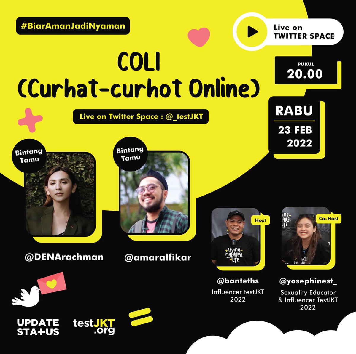 banteths's tweet photo. #COLI (Curhat curhOt onLIne) Eps. 2 with ka @DENArachman dan ka @amaralfikar yuk disimak genks aku dan ka @yosephinest_ akan nanya2in ka Dena dan ka Amar seputar class struggle dan bahaya misgendering…jangan sampi kelewatan besok…! https://t.co/QISIehquMM