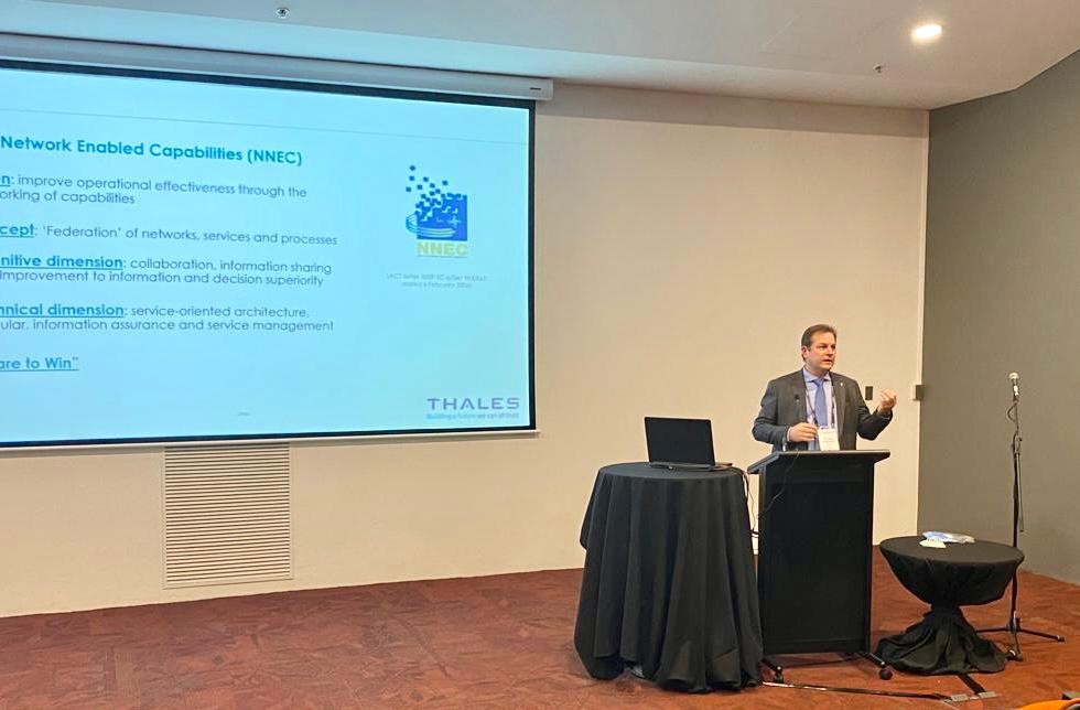 ThalesAustralia's tweet photo. "Interoperability with coalition partners is a force multiplier for the ADF. If connectivity is rapidly established at all command levels, critical decisions can be made in support of the mission," explained Dr Sam McLaughlin during his #MILCIS presentation. https://t.co/4FyAtn3Meq
