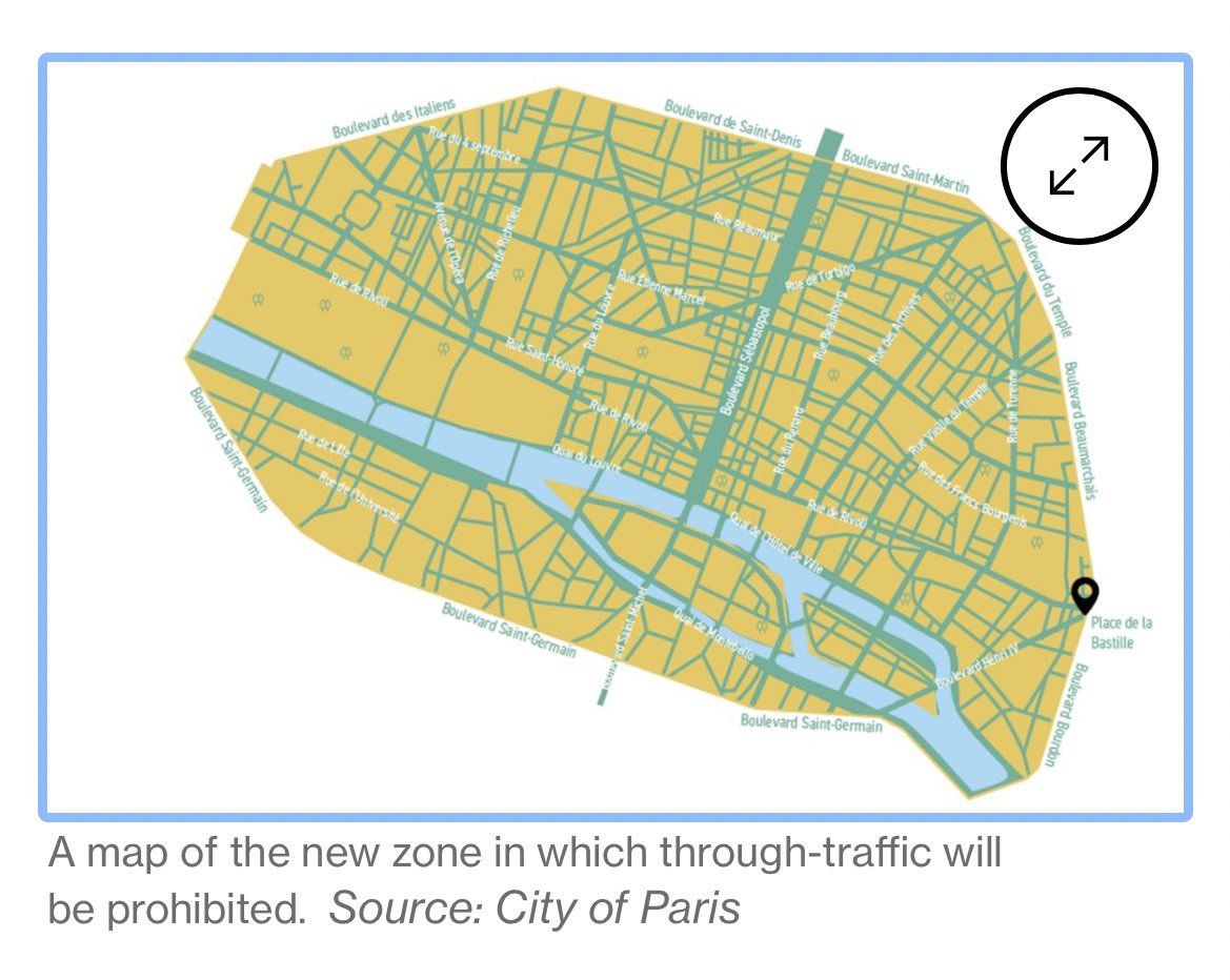 BrentToderian's tweet photo. In 2024, Paris will ban non-essential thru-traffic from its city center. The plan is expected to cut around half of daily car journeys thru the core. Residents, public transit, emergency vehicles, &amp; people with disabilities will find it EASIER to move. 
https://t.co/Nl61f6iXeC https://t.co/2Xo0EgI0D8