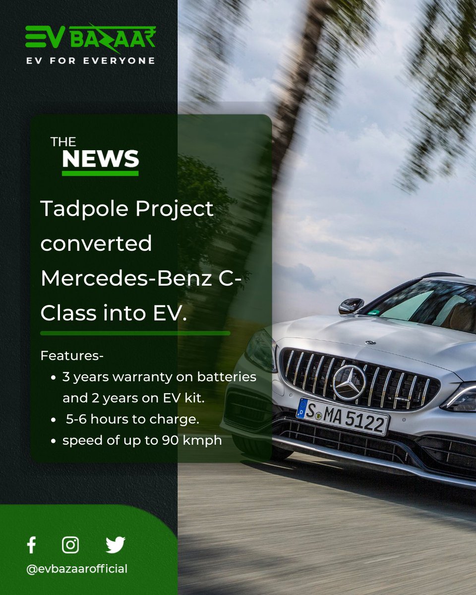 EvBazaar's tweet photo. Tadpole Projects, a company retrofitting ICE vehicles, has converted the first premium car, C-180, C-Class of Mercedes Benz. ๐
Follow @EvBazaar for the latest updates on EVs
#evbazaar #evindia #mercedes #evlover https://t.co/OYChysZA3L