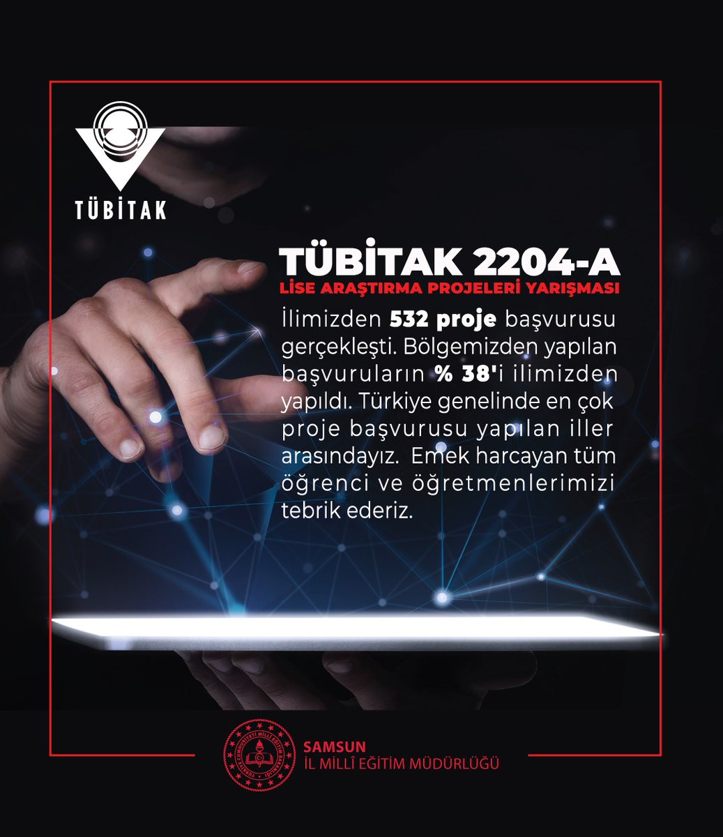 TÜBİTAK Lise Araştırma Projeleri Yarışması'nda ilimizden 5⃣3⃣2⃣ proje başvurusu oldu. Bölgemizdeki başvuruların %3⃣8⃣'i ilimizden yapıldı. Emek harcayan tüm öğrenci ve öğretmenlerimizi tebrik ederim.
<a href="/tcmeb/">Millî Eğitim Bakanlığı</a> <a href="/ProfHasanMandal/">Prof. Dr. Hasan Mandal</a>
<a href="/zulkifdagli/">Doç. Dr. Zülkif Dağlı</a> <a href="/Tubitak/">TÜBİTAK</a>