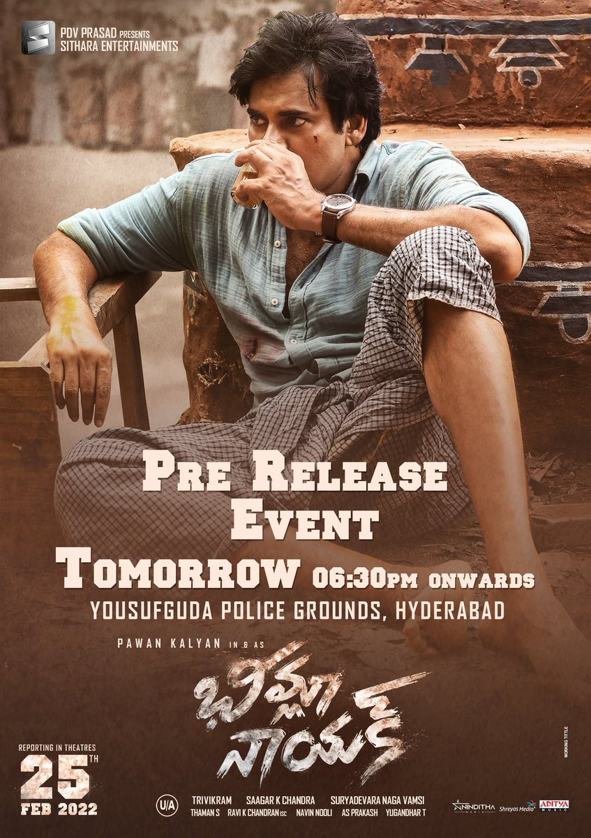 TheLeapKandula's tweet photo. #BheemlaNayak Pre-Release event will be held tomorrow at Yousufguda Police Grounds, Hyderabad tomorrow 😀 #BheemlaNayakTrailer https://t.co/1hsyhV6Spz