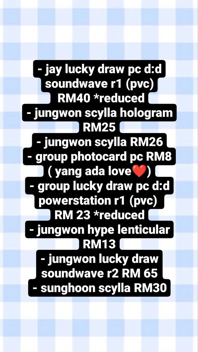 parkjaysbae's tweet photo. helping my sistah 

WTS IN BULK ONLY means need all taken 

RM230
- jay d:d ld pc soundwave r1 
- jungwon scylla holo
- group pc charybdis ess
- group ld pc powerstation r1
- jungwon hype lenti
- jungwon d:d ld pc soundwave r2
- sunghoon scylla pc

-exc postage

#pasarENHYPEN https://t.co/xxdBLhZym9