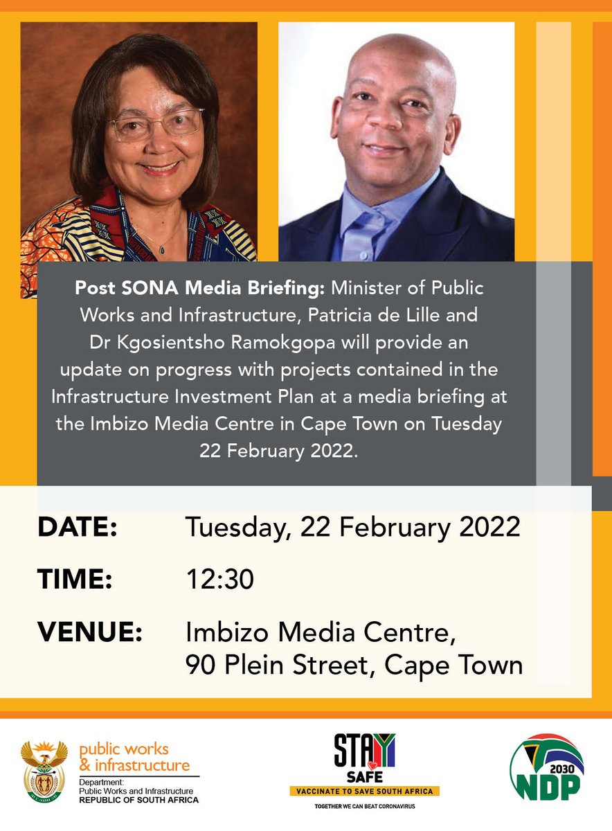 GovernmentZA's tweet photo. .@DepartmentPWI Minister @PatriciaDeLille and Head of Infrastructure South Africa, Dr. @Kgosientsho_R will jointly brief the media on progress made over the past year on various projects in the Infrastructure Investment Plan #PostSoNA #SONA2022 #EconomicRecovery https://t.co/zZQ7DoOWJs