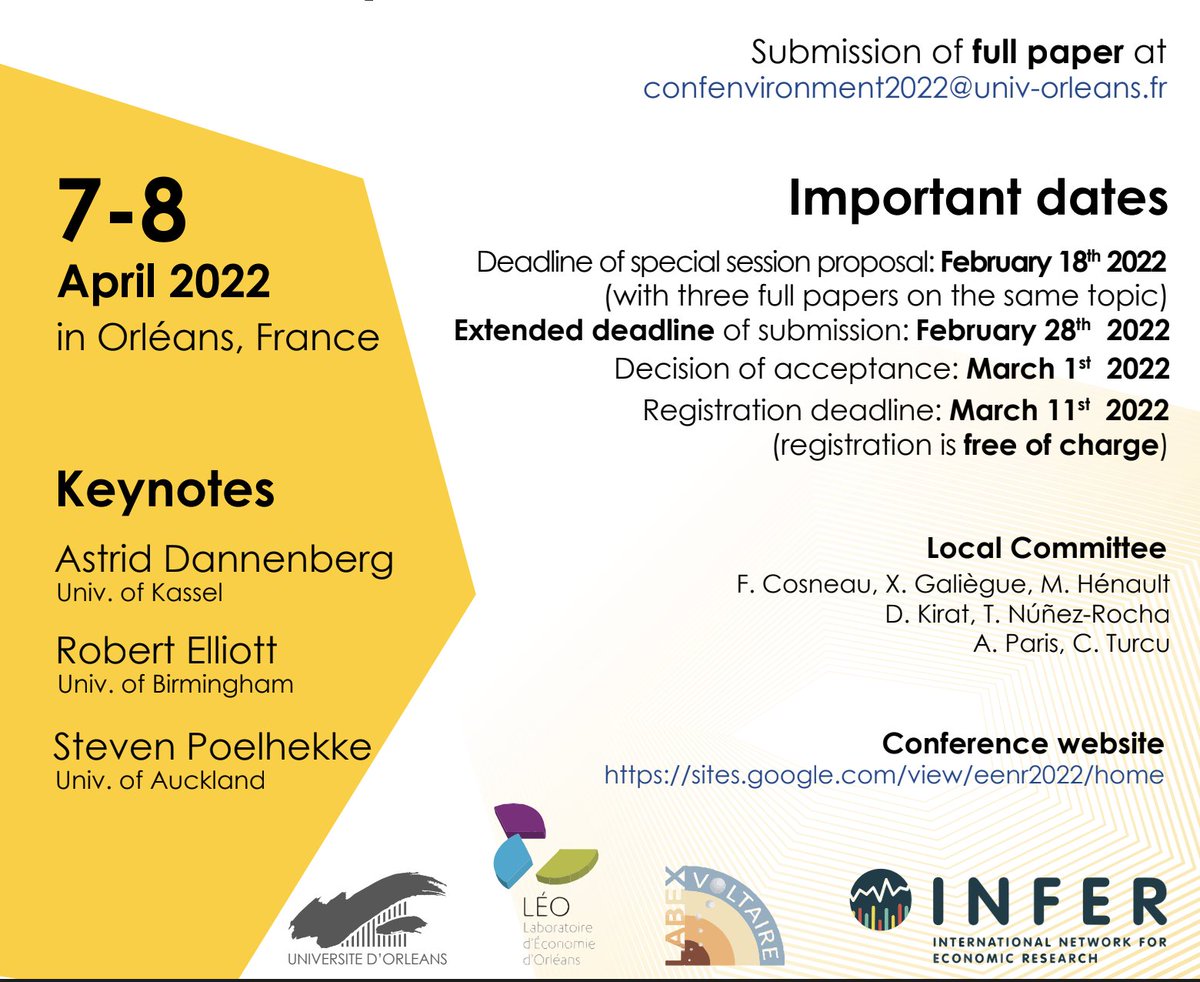 DEADLINE for submissions for this #INFER supported event has been EXTENDED 👇

📕Environmental Economics: A Focus on Natural Resources
📍University of Orléans 🇫🇷
🗓️Conference: 7-8 April
🗓️Deadline: TODAY!!!
💻 See details here 👉sites.google.com/view/eenr2022/…

<a href="/Laboratoire_LEO/">Laboratoire d'Économie d'Orléans</a>