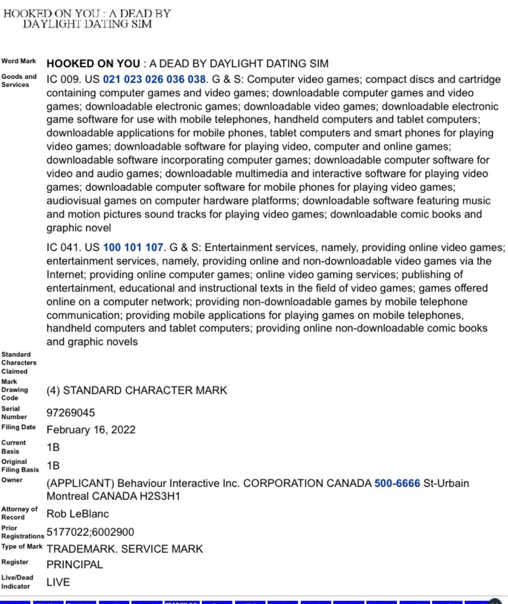 LeaksDbd's tweet photo. Behaviour Interactive trademarked title - "Hooked On You: A Dead By Daylight Dating Sim". 

(via r/LeaksAndRumors)

#DeadbyDaylight #dbdleaks #leaksdbd #dbd https://t.co/7PhkalvUoj