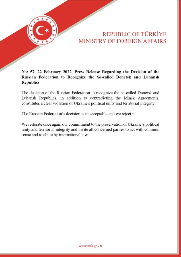 michaelh992's tweet photo. Notable: Turkey rejects the Russian recognition of the two separatist republics in the eastern #Ukraine, calling the decision "unacceptable" https://t.co/nCxUkOuljw