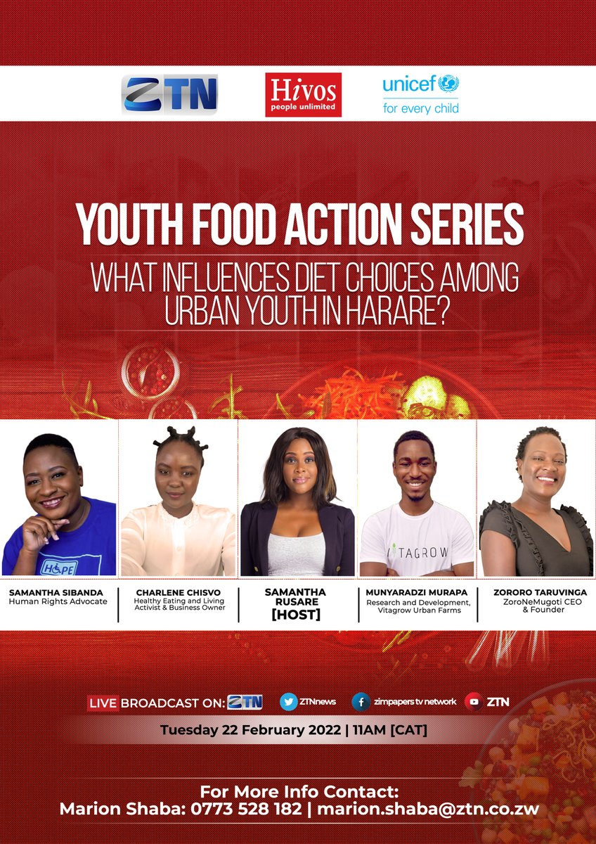 This morning, the Youth Food Action project hosts the first episode on @ZTNnews in discussion with young people in Harare. 

The topic is: "What influences #diet choices among urban #youth in Harare?"

The project is supported <a href="/UNICEFZIMBABWE/">UNICEF ZIMBABWE</a> 

#YouthFoodAction