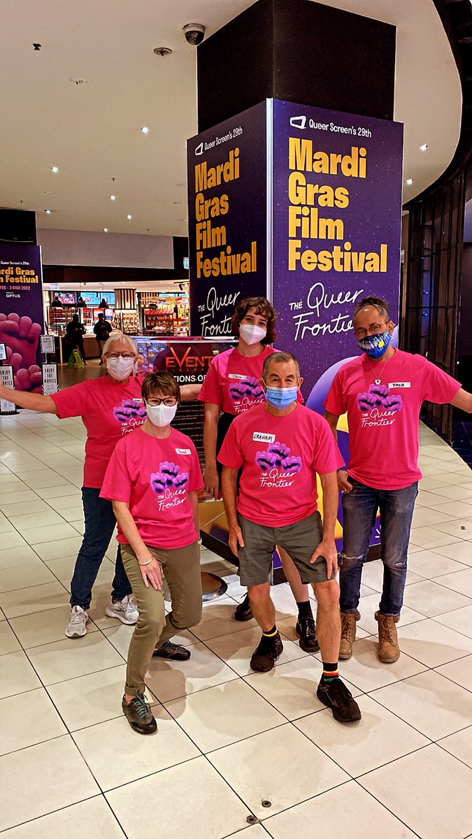Qscreen's tweet photo. Volunteers masked and ready to help at Mardi Gras Film Festival tonight! Come see a queer film with us! #mgff22 https://t.co/cGsQbpxBjd