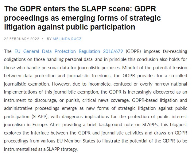 Check out the newest post on the blog by <a href="/MelindaRucz/">Melinda Rucz</a> who explores the interface between the #GDPR and #journalisticactivities and illustrates the GDPR's potential to be instrumentalised as strategic litigation against public participation.
Read more at: europeanlawblog.eu/2022/02/22/the…
