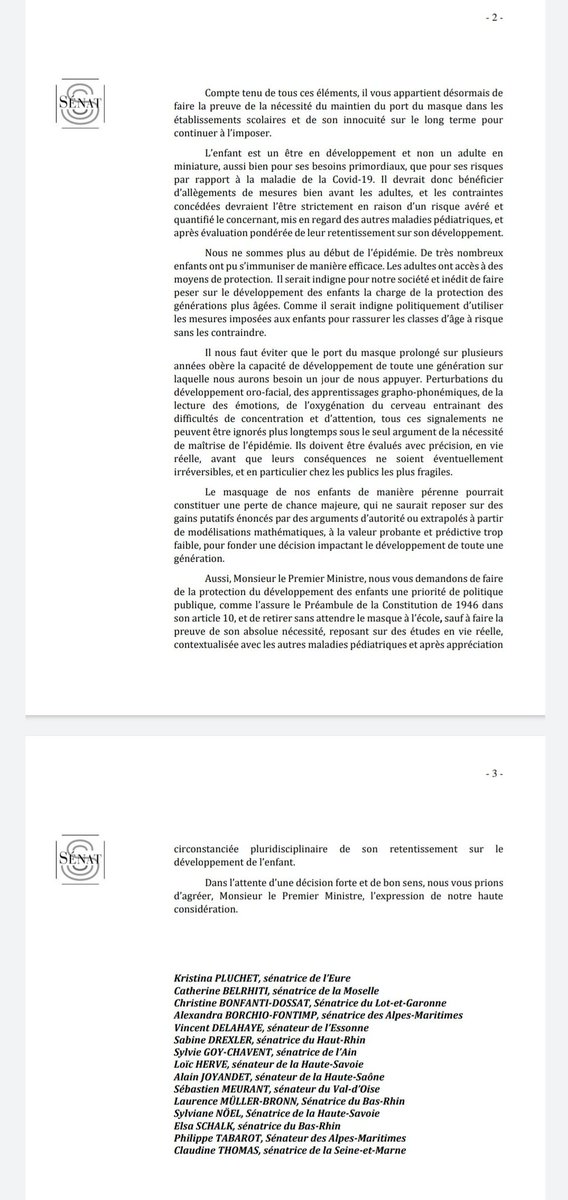 Il est urgent de mettre fin au port du masque pour les enfants, comme le recommandent de nombreux pédiatres et orthophonistes. Nous demandons au 1er ministre d’abroger le décret du 29/10/2020, cette mesure de longue durée n’a plus de sens et porte atteinte à la santé des enfants.