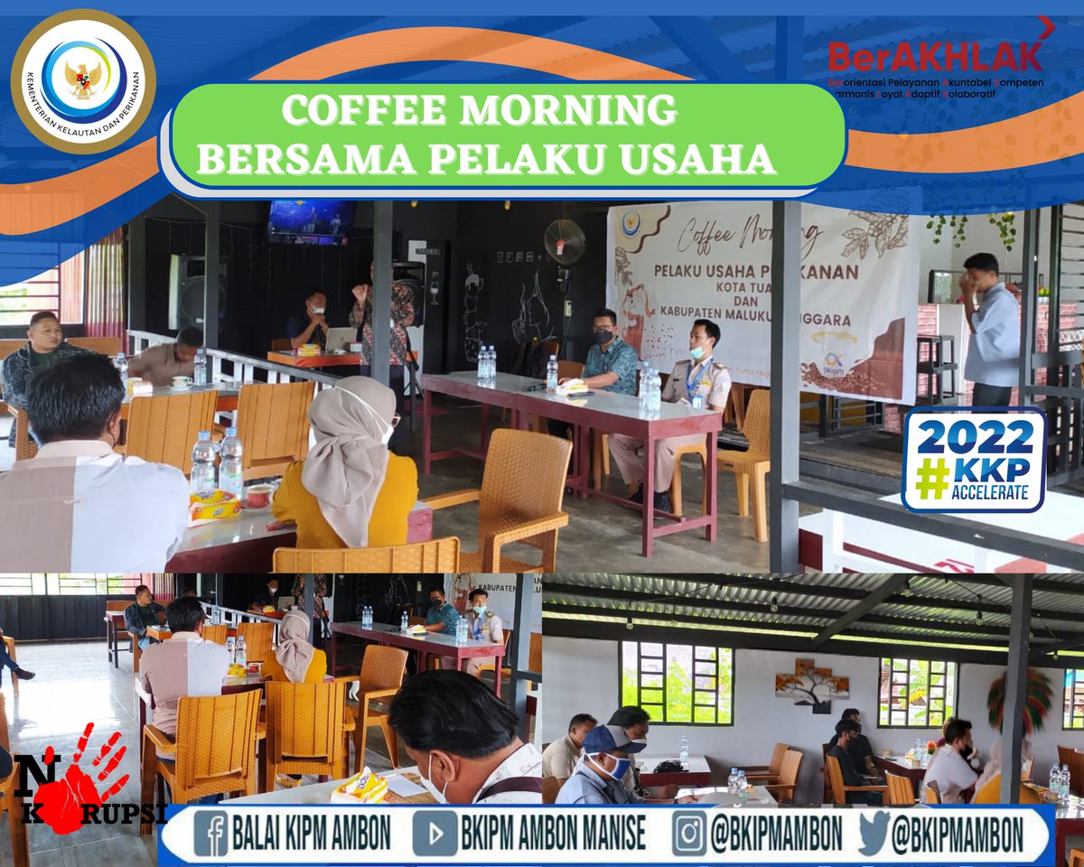 BPPMHKPAmbon's tweet photo. bkipmambon
#SahabatBahari @bkipmambon mengadakan Kegiatan Coffee Morning dgn Tema “ Direct Call Export Tual – Singapura via Ambon - Makassar.

@harimaryadi65
@hatta_arisandi

#BKIPM
#kkpgoid
#kkpaccelerate
#menterikkp
#saktiwahyutrenggono https://t.co/gUUDT5IS5B