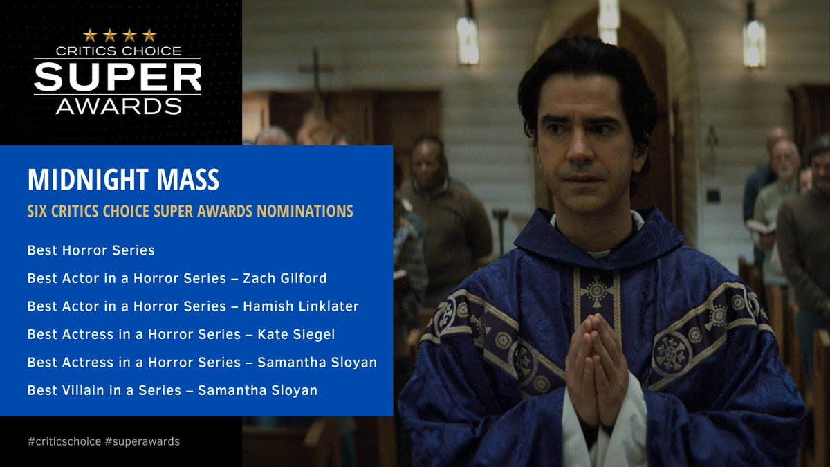 CriticsChoice's tweet image. #SuperAwards: Midnight Mass' and 'Evil' leads the Critics Choice Super Awards with six TV nominations each! 

@midnightmass
#midnightmass
#CriticsChoice