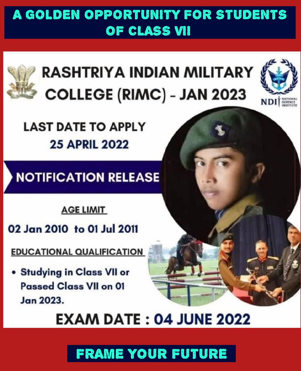 javedahmed0101's tweet image. A Golden opportunity for students of class VII.
Rashtriya Indian Military College (RIMC)-Jan 2023
Last Date to apply : 25 April 2022.
#JammuAndKashmir  
#OpportunityForStudents
#StudentsOfClass7th
#RIMC
#FrameYourFuture 
#QualityEducation 
#AmongBestInstitutionofCountry