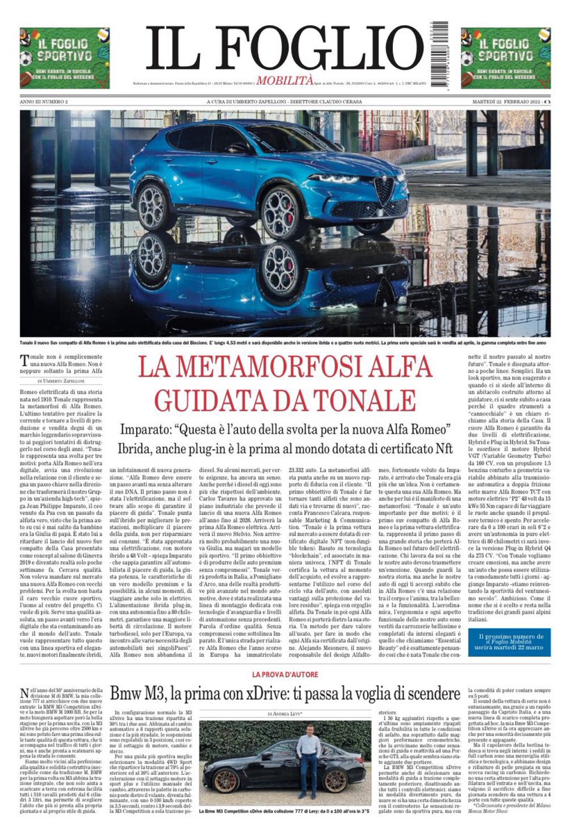 Oggi con <a href="/ilfoglio_it/">Il Foglio</a> in regalo l’inserto sulla #mobilita’ la metamorfosi <a href="/alfa_romeo/">Alfa Romeo</a> la #bmw M3 la nuova #renault Megane la Ypsilon #ferretti, un’Anomalya italiana e poi i piani #toyota e #ds, i motori silenziosi che non piacciono la guerra del litio la mitica #ferrari Gto