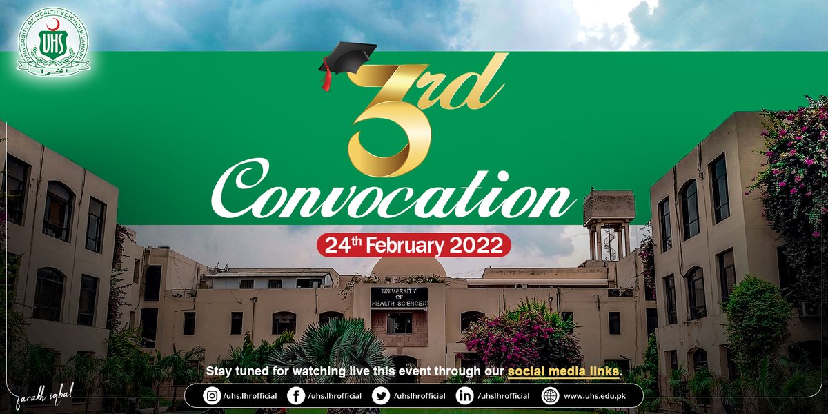 UHS 3rd Convocation 2022 will be held on Thursday, February 24, 2022, at Shamas Auditorium, University of Health Sciences, Lahore. Stay tuned for watching live this event through our social media links. #UHSConvocation22 #UHS3rdConvocation