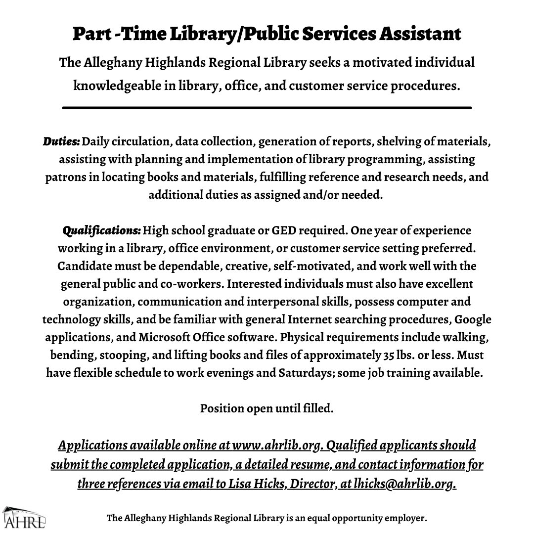 Join our library staff! The AHRL is seeking a Part-Time Library/Public Services Assistant to join our team. Swipe to learn more about this position and follow the link to apply: ow.ly/gSiC50I0o6u

#jobopening #covingtonva #alleghanycounty #cliftonforgeva