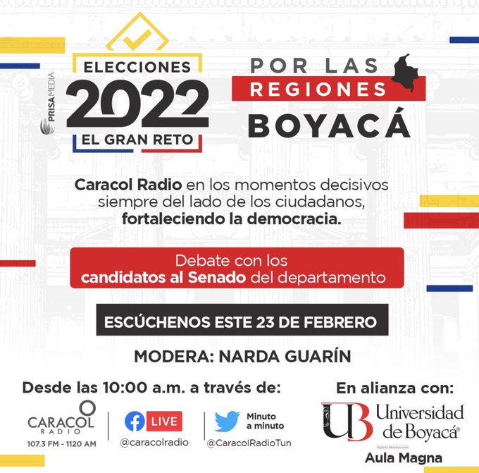Caracol Radio en los momentos decisivos de los ciudadanos y fortaleciendo la democracia| Éste 23 de febrero, escuche el Debate con candidatos al Senado del departamento, desde las 10 a.m, en los 107.3 FM - 1120 AM; Facebook LIVE <a href="/caracolradio/">Caracol Radio</a> y minuto a minuto en <a href="/CaracolRadioTun/">Caracol Radio Boyacá</a>