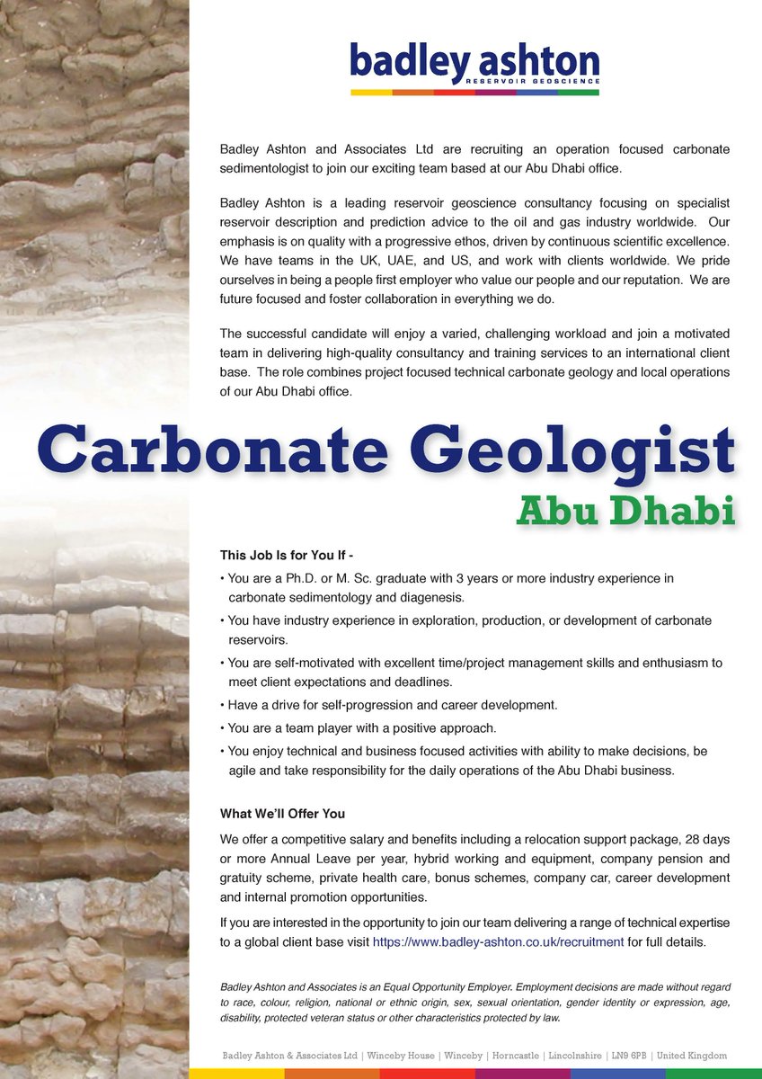 BadleyAshton's tweet photo. Badley Ashton and Associates Ltd are recruiting an operation focused carbonate sedimentologist to join our exciting team based at our Abu Dhabi office.

https://t.co/20mJKosjfM https://t.co/UhDgfTXG73