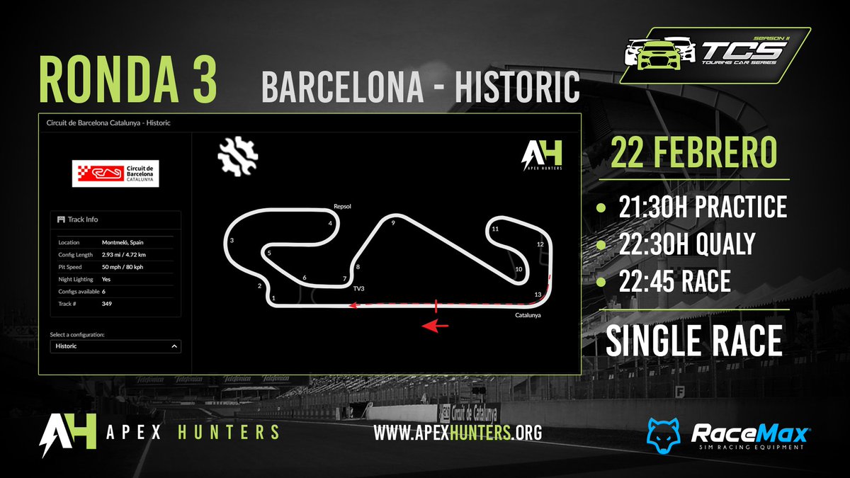 Apex__Hunters's tweet photo. Todo preparado para cerrar la primera fase del #TCSERIES esta noche en el @e_circuitcat .
Después de dos espectaculares carreras, los ascensos y descensos del STAGE se deciden esta noche en el circuito de casa. A partir de las 22:20h en https://t.co/iWZw5Wsez3.
Te esperamos! https://t.co/45wR8D7tIZ