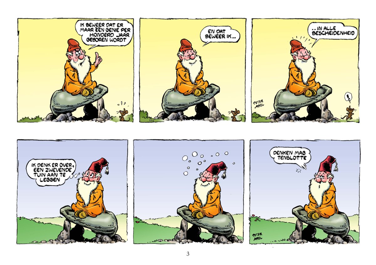 De Goeroe, wonend op een hunebedachtige steen, verkondigt dikwijls wijsheden, waarbij hijzelf of zijn opponent(en) zorgen dat het een waarheid wordt met een twist.
Soms komen Kabouters voorbij; daar gelooft hij eigenlijk niet in.
stripwinkel.nl/product/goeroe…