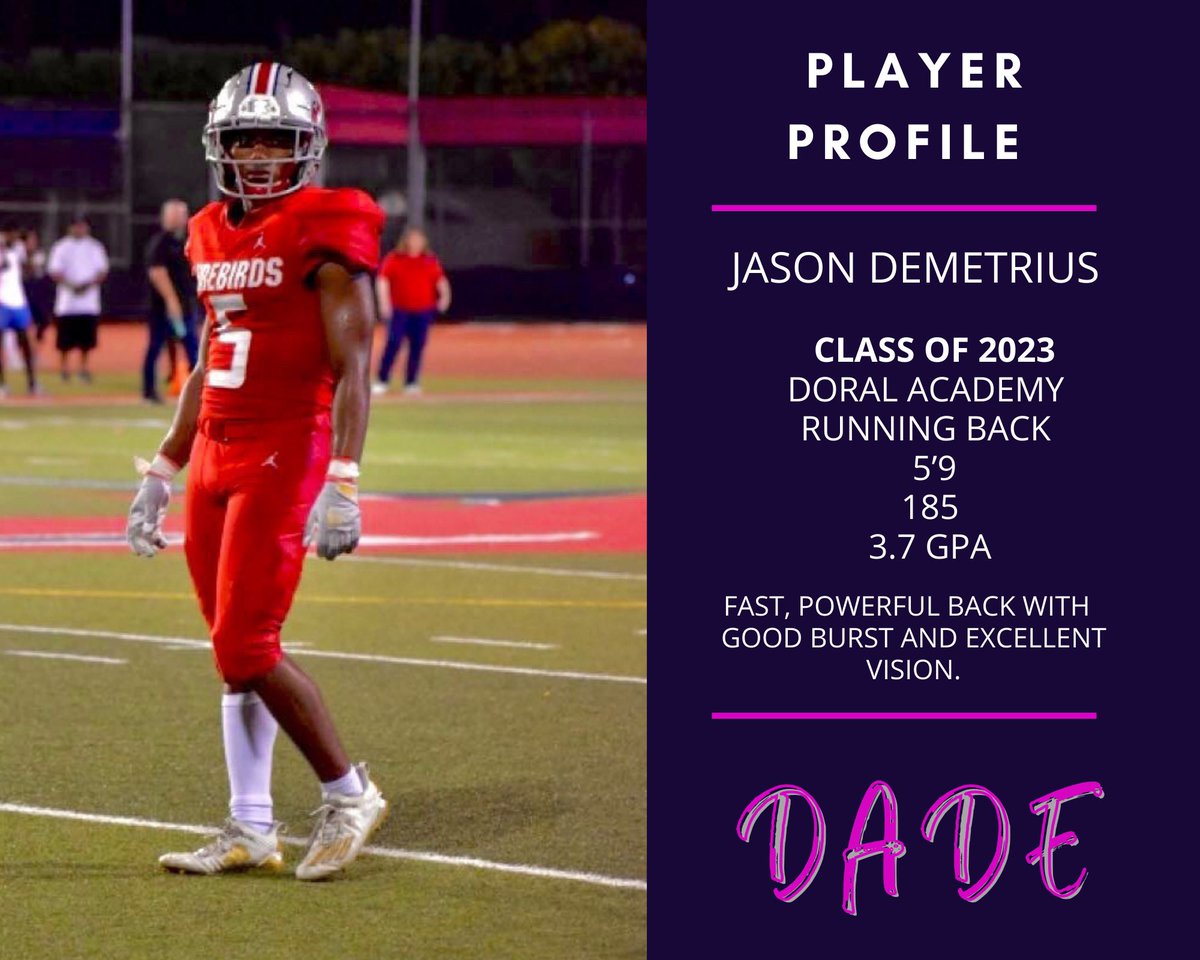 SoFla Recruiting (@soflarecruiting) on Twitter photo <a href="/JasonDemetrius3/">Jason Demetrius</a> is a C/O 23 RB <a href="/DoralAcademy_FB/">Doral Academy Football</a>. Last season, he rushed for 585 yds & 9 TDs, averaging 8.9 yds per carry. He recorded 810 all-purpose yards, & can run, block, & catch. Look for him to continue making an impact for the Firebirds.
🎥 buff.ly/36oi02V <a href="/JasonDemetrius3/">Jason Demetrius</a> is a C/O 23 RB <a href="/DoralAcademy_FB/">Doral Academy Football</a>. Last season, he rushed for 585 yds & 9 TDs, averaging 8.9 yds per carry. He recorded 810 all-purpose yards, & can run, block, & catch. Look for him to continue making an impact for the Firebirds.
🎥 buff.ly/36oi02V