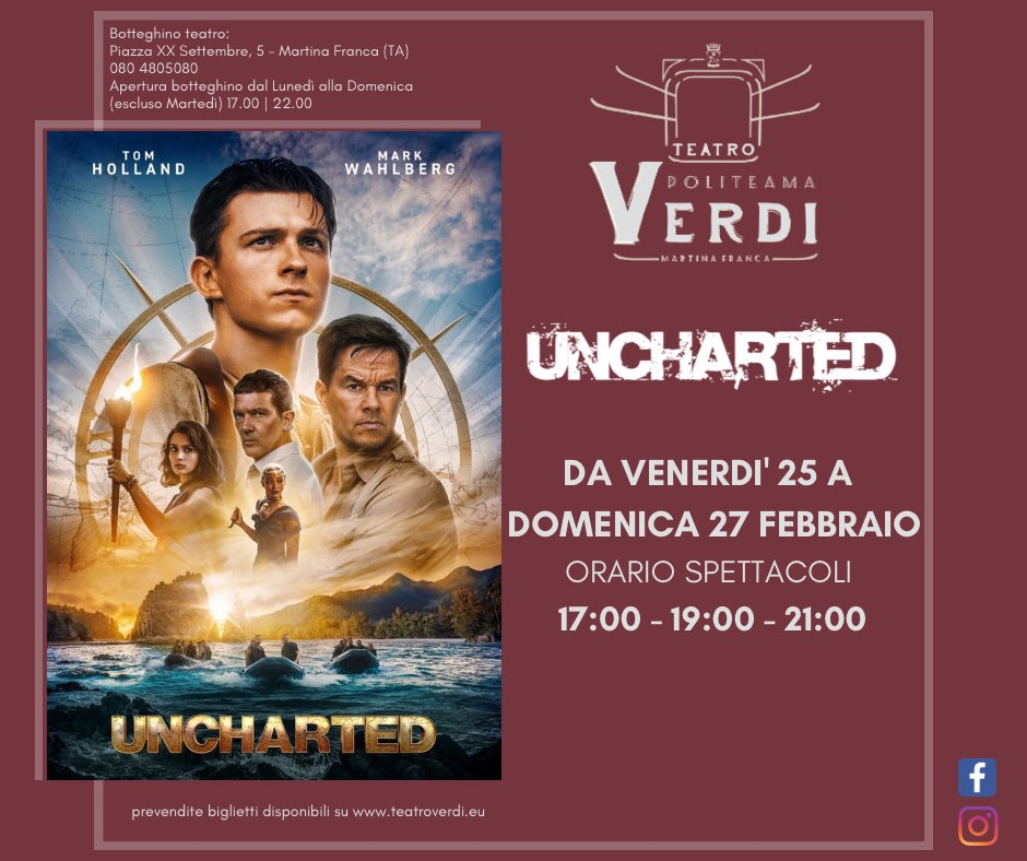 𝐃𝐚 𝐯𝐞𝐧𝐞𝐫𝐝𝐢̀ 𝟐𝟓 𝐚 𝐝𝐨𝐦𝐞𝐧𝐢𝐜𝐚 𝟐𝟕 𝐅𝐞𝐛𝐛𝐫𝐚𝐢𝐨 𝐥𝐚 𝐩𝐫𝐨𝐠𝐫𝐚𝐦𝐦𝐚𝐳𝐢𝐨𝐧𝐞 𝐜𝐢𝐧𝐞𝐦𝐚𝐭𝐨𝐠𝐫𝐚𝐟𝐢𝐜𝐚 𝐝𝐞𝐥 𝐓𝐞𝐚𝐭𝐫𝐨 𝐕𝐞𝐫𝐝𝐢 𝐝𝐢 𝐌𝐚𝐫𝐭𝐢𝐧𝐚 𝐅𝐫𝐚𝐧𝐜𝐚 𝐬𝐚𝐫𝐚̀ 𝐥𝐚 𝐬𝐞𝐠𝐮𝐞𝐧𝐭𝐞:

📌 UNCHARTED ⏰ ore 17:00 - 19:00 - 21:00