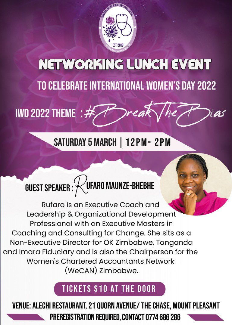 DoctorsWomen's tweet photo. We are having our first networking event of the year on Saturday 5 March 2022. 

Please book your places with Paida and let’s have a great start to the ZWDA year! https://t.co/FWIRBzotDw