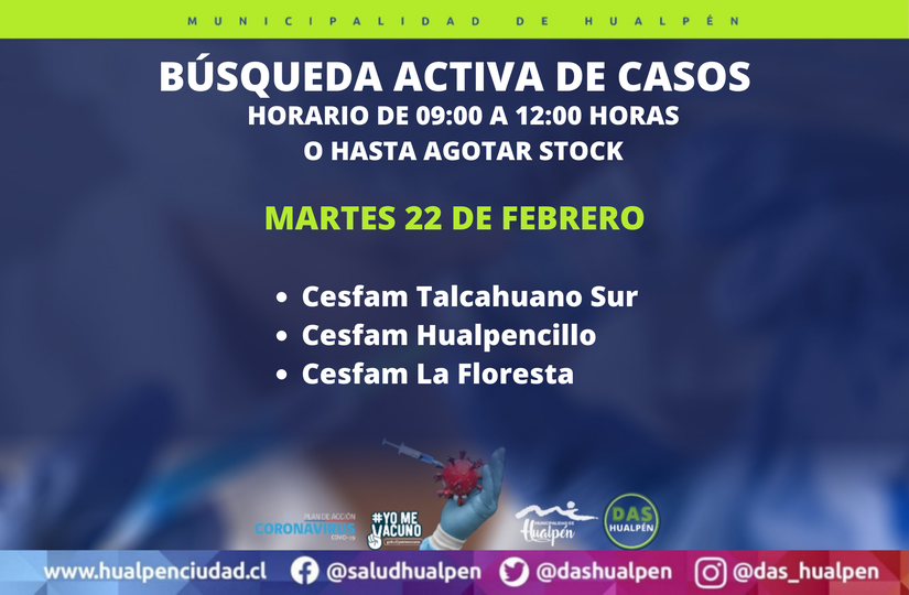 dashualpen's tweet photo. 🟢 #BAC | Los lugares y horario en que se realizará Búsqueda Activa de Casos #covid en #Hualpén este martes. https://t.co/GeBnaecyrI