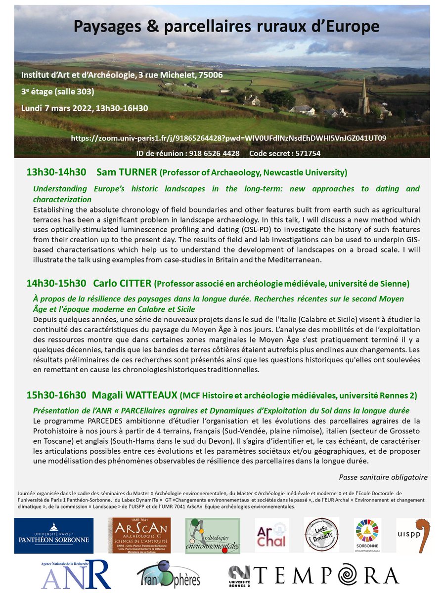 Venez assister (visio+présentiel) au séminaire "Paysages et parcellaires ruraux d'Europe" à <a href="/SorbonneParis1/">Université Paris 1 Panthéon-Sorbonne</a>  (Michelet) le 7 mars (13h30-16h30), avec 3 conférences: <a href="/SamTurner/">Sam Turner</a> (Newcastle), <a href="/CarloCitter/">Carlo Citter</a>  (Sienne) et moi-même dans le cadre du lancement de #PARCEDES #ANR