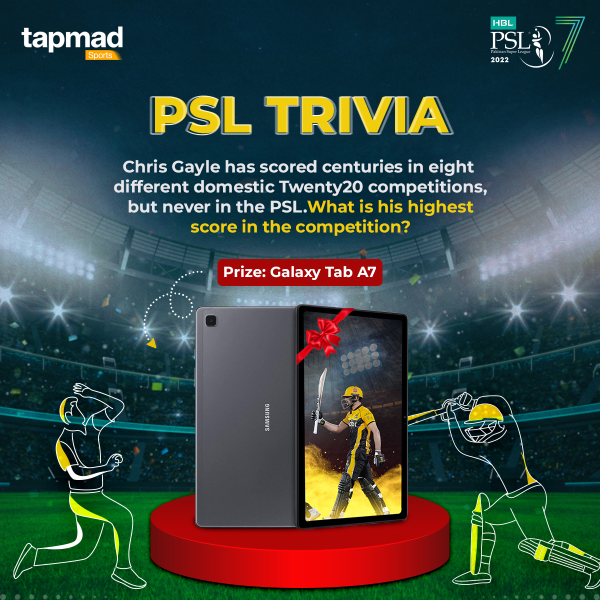 tapmadtv's tweet photo. Final round: answer the questions correctly and win big! So, what are you waiting for? Let’s get commenting! 
*to enter this game, you need to be a subscribed user of Tapmad and should be following us on all social media channels. 

#HBLPSL7 #Tapmad #HD #AdFree #LivePSL https://t.co/FkWDau6918
