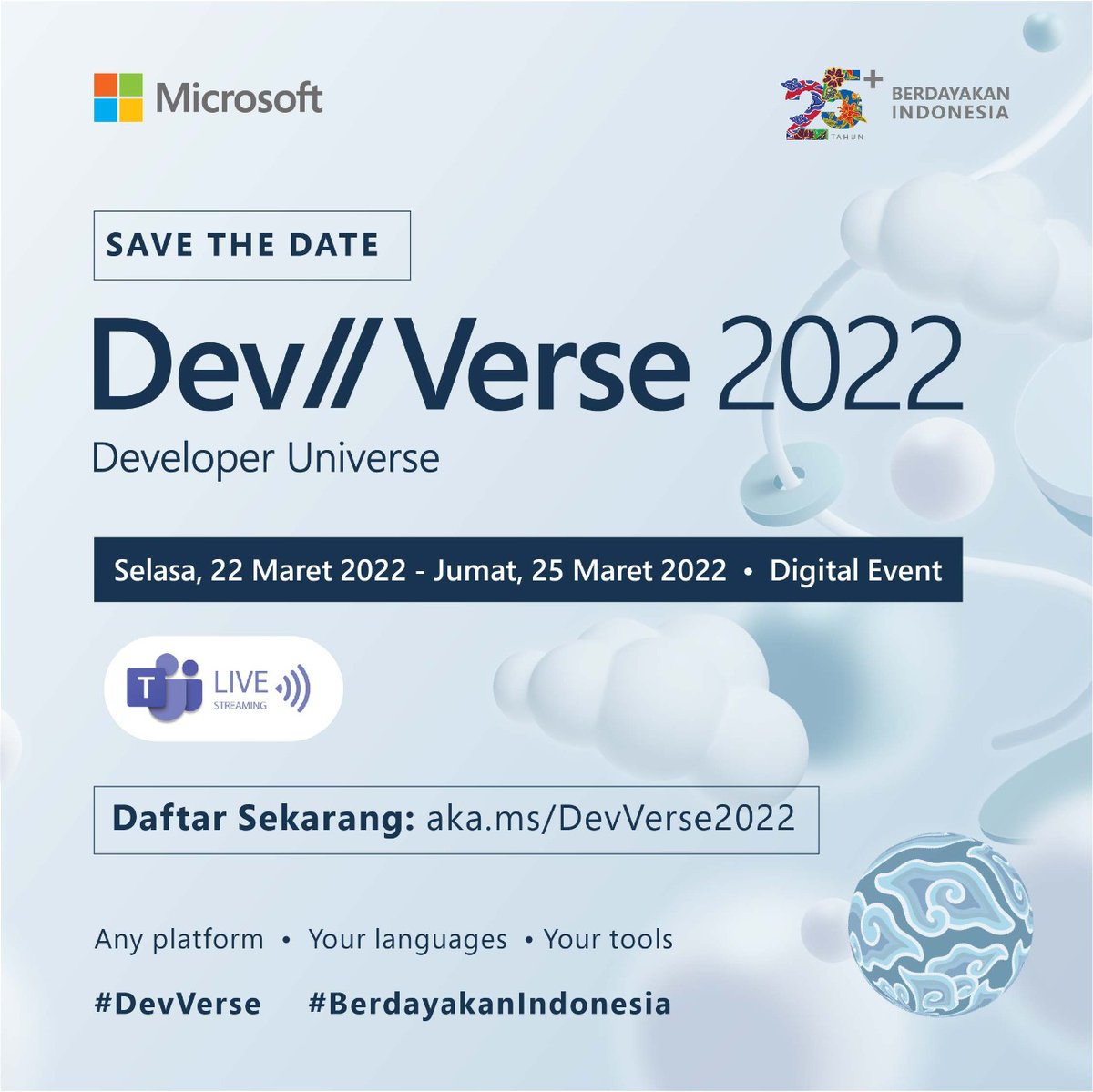MicrosoftID's tweet photo. Developer adalah generasi baru kreator digital yang berperan penting dalam proses inovasi.
Yuk segera gabung di Microsoft Dev//Verse 2022.
Tingkatkan keterampilan, ciptakan inovasi, dan #BerdayakanIndonesia.
Daftar sekarang: https://t.co/egTQSuC0R4
#DevVerse https://t.co/An2rcmwbYQ