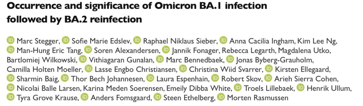 New preprint on #COVID19 is out: “Occurrence and significance of Omicron BA.1 infection followed by BA.2 reinfection”. Using the national surveillance system in Denmark, we show that reinfections with #SARSCoV2 VOC #Omicron BA.2 can occur after recent BA.1 infection #SSI_dk