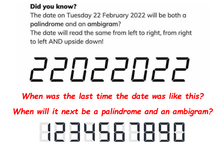 Today's palindromic and ambigramic date started as a morning work starter and evolved into a full-blown investigation and discussion. Love it. Feel free to print and use! #primarymaths #primary #edchat

Challenge question: when will the next palindromic and ambigram date be?