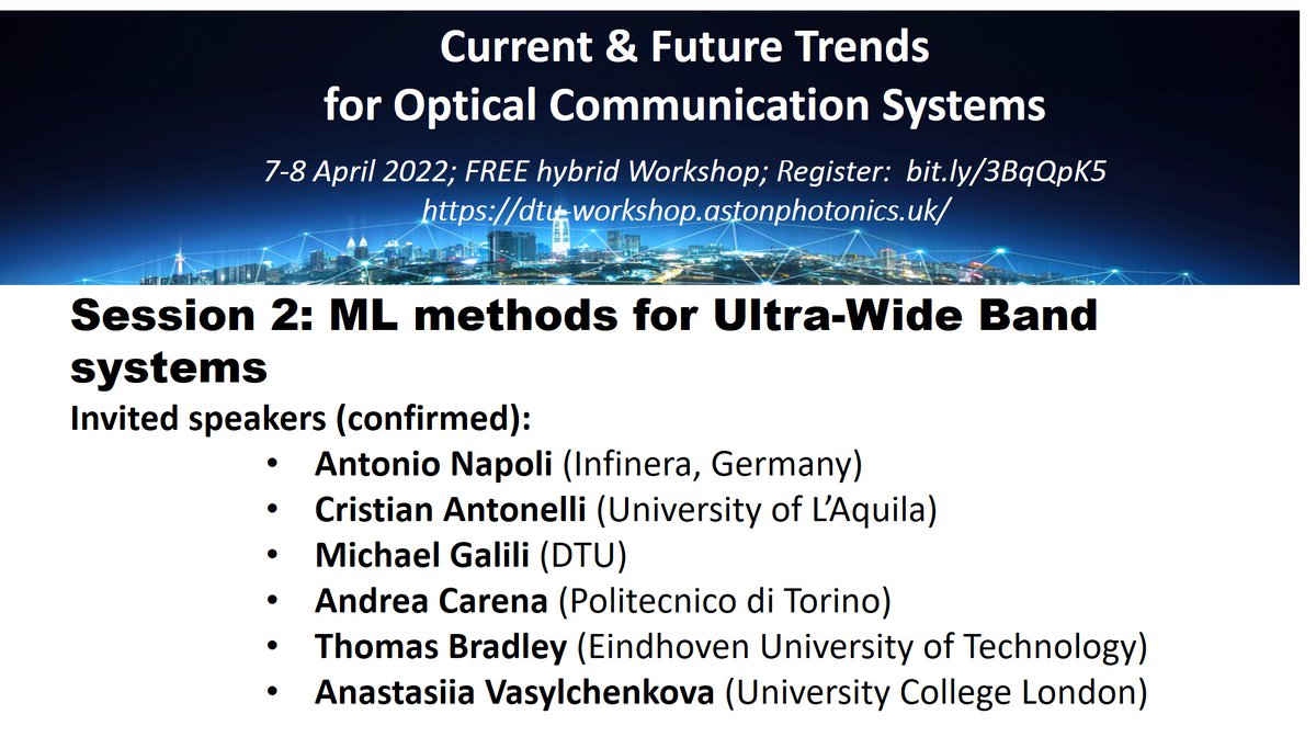 EidFonte's tweet image. Secure your free space. Register!
Session 2 of our FREE workshop on Trends in #OptCom will focus on #ML for #UltraWideband.
Info:➡️dtu-workshop.astonphotonics.uk
Organisers: @DarkoZibar14 of @DTUtweet  @EidFonte  @EtnWon @MENTOR_EID
Speakers: @Infinera @univaq @POLITO @TUeindhoven
@ucl