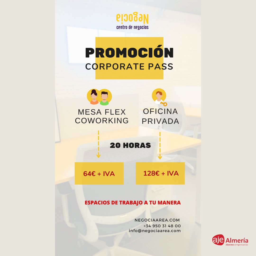 AJE_alm's tweet photo. 💪🏻 En AJE Almería velamos por el bienestar y el rendimiento óptimo de cada uno de nuestros jóvenes empresarios.

🤝 Por eso, contamos con asociados como @NegociaArea que ofrecen alquileres de espacios de trabajo según las necesidades de los trabajadores. https://t.co/3jtAYaWNuZ