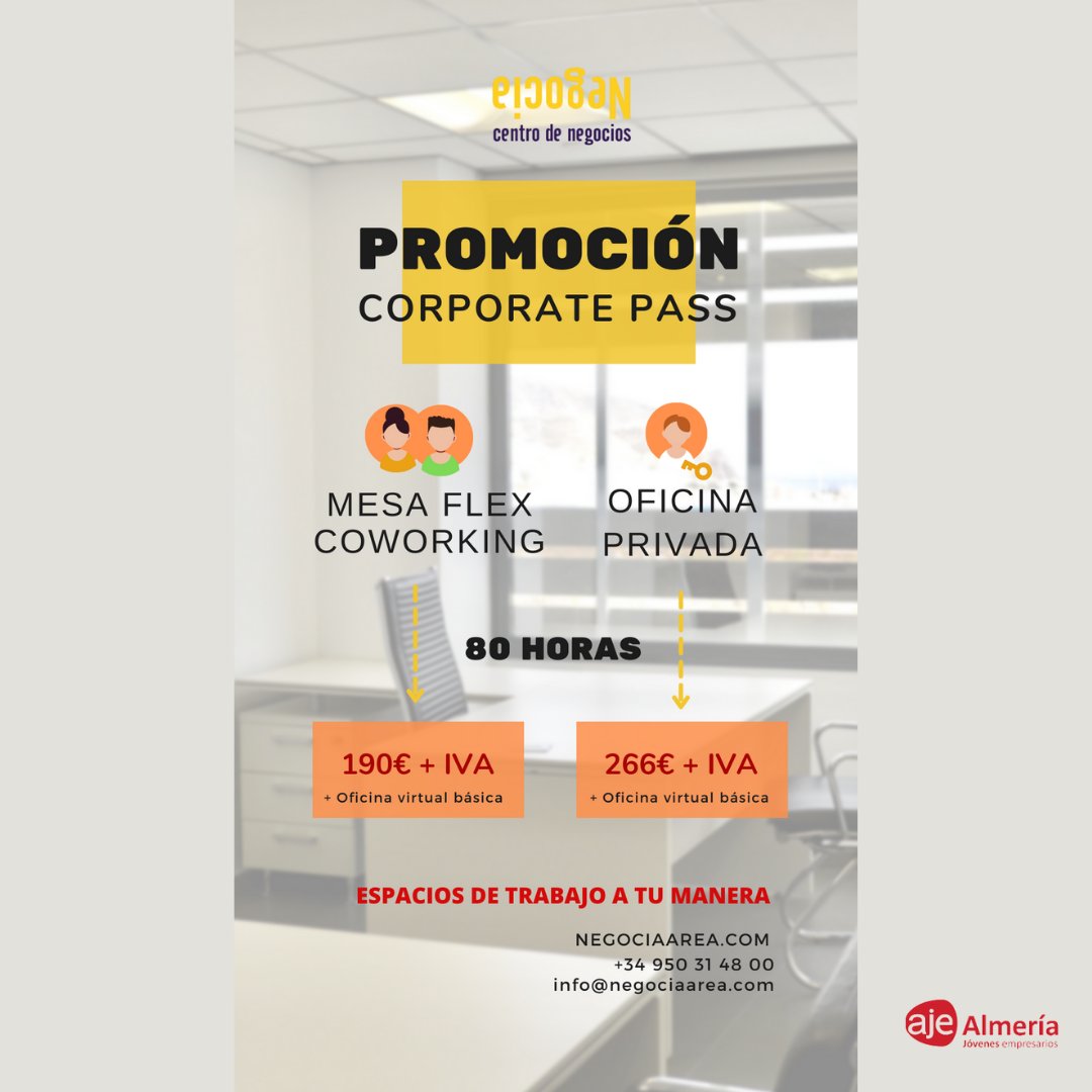 AJE_alm's tweet photo. 💪🏻 En AJE Almería velamos por el bienestar y el rendimiento óptimo de cada uno de nuestros jóvenes empresarios.

🤝 Por eso, contamos con asociados como @NegociaArea que ofrecen alquileres de espacios de trabajo según las necesidades de los trabajadores. https://t.co/3jtAYaWNuZ