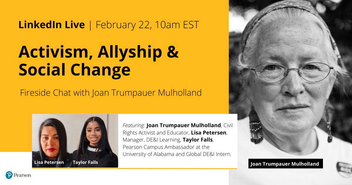 Event card with headshot, text reads: Activism, Allyship & Social Change | Fireside Chat with Joan Trumpauer Mulholland.