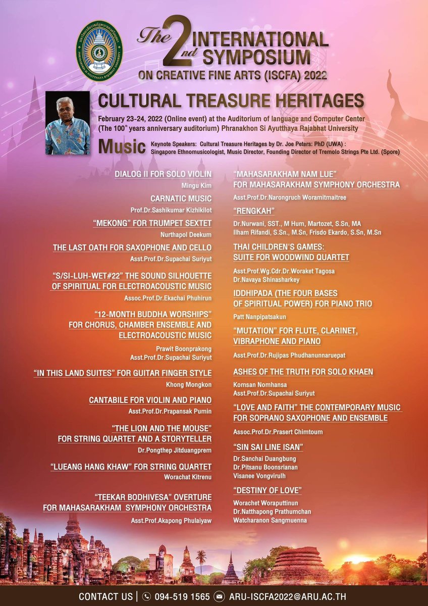 c_consonant's tweet photo. 📢The 2nd International Symposium on Creative Fine Arts 2022” (virtual)

Dr. Joe Peters, Music Advisor of #CaseanConsonant from #Singapore, will be Keynote Speaker on “Cultural Treasure Heritages”. 

📍23-24 Feb 2022 @ 8:20-16:30 hrs. (GMT+7)
📍AGENDA: https://t.co/Xj4epiUfC5 https://t.co/57ZjH0iDyu