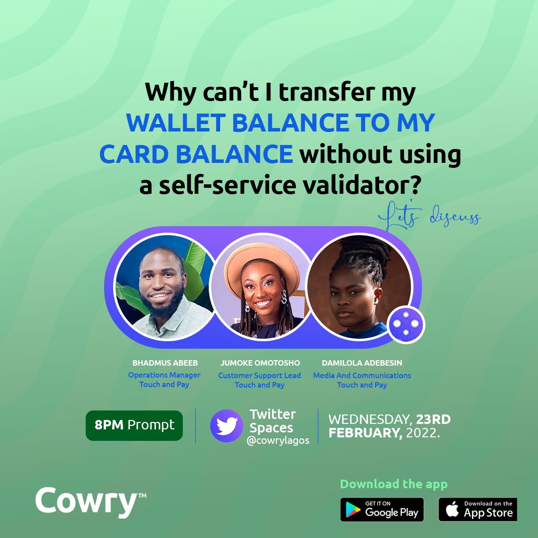 paywithcowry's tweet photo. Ever wondered why you can't make a Cowry wallet to card transfer without using a self-service validator? Then you should join us on Twitter spaces tomorrow Feb 23, 2022 by 8pm and let's discuss all your concerns.

#cowrycard #cowry #CCA #Cowrylagos #SpacesHost #TwitterSpaces https://t.co/uf8HTzp5BL