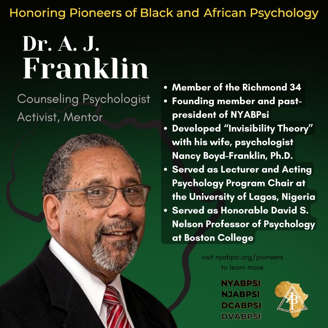 nyabpsi's tweet photo. Join NYABPsi, in collaboration with the New Jersey (NJABPsi), DC (DCABPsi) and Delaware Valley (DVABPsi) chapters, in celebrating Black History Month! Today we honor our second set of pioneers who've contributed to the field of Black/African Psychology! 
https://t.co/yTw51GcCpI https://t.co/cEhO3mh0iD