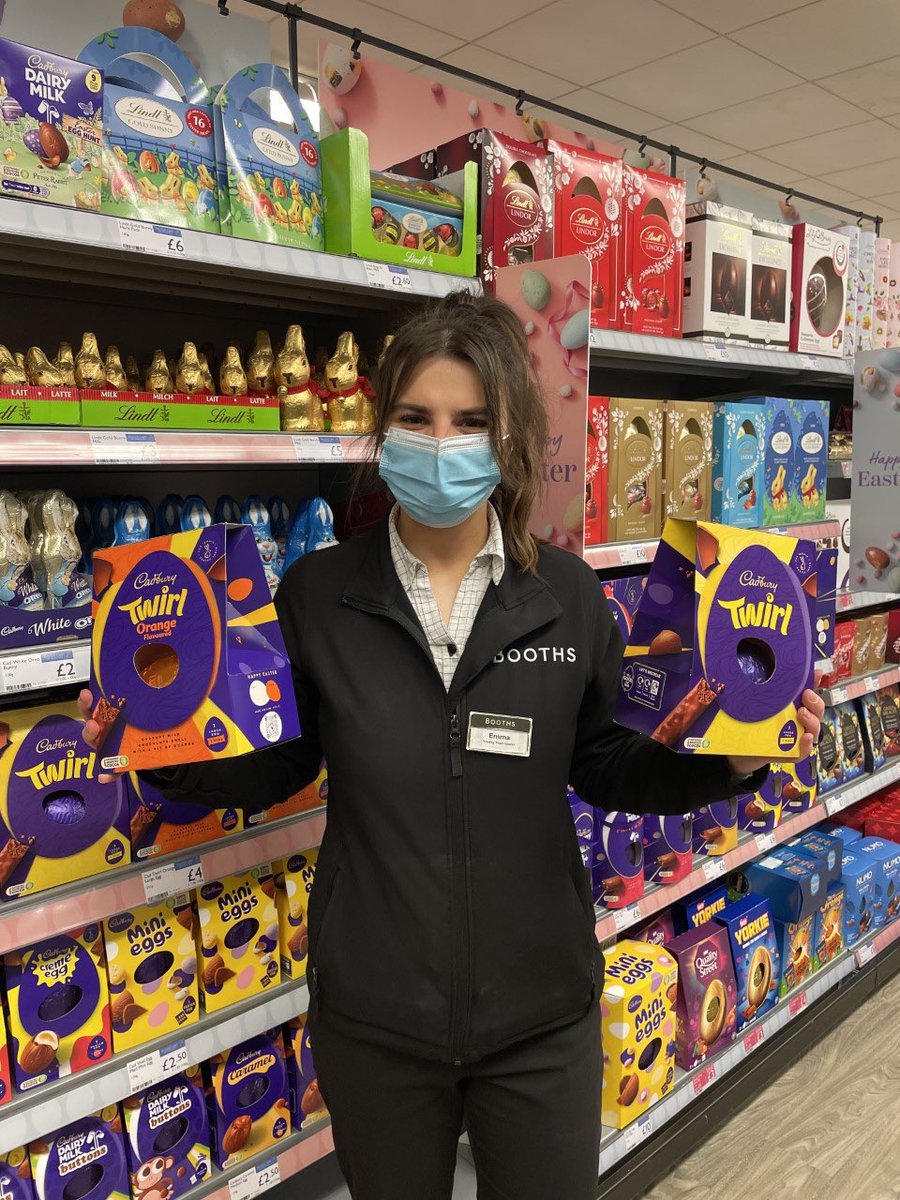 BoothsCountry's tweet photo. Easter eggs are in stores & Adam at #Scotforth has chosen his favourite…Mini Eggs, whilst Emma at #Longridge can’t decide between original Twirl or new orange Twirl! Which one would you choose? https://t.co/v0xt6oB8ry