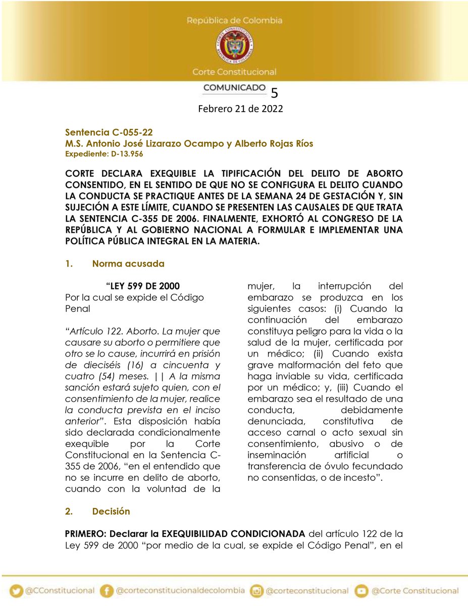 CConstitucional's tweet photo. #LaCorteInforma | Comunicado Oficial Sentencia C-055 de 2022 👉🏽

- Norma acusada: LEY 599 DE 2000 (art. 122).
ABORTO. Descripción típica de este delito. 

- Ponentes: Antonio José Lizarazo Ocampo y Alberto Rojas Ríos.

- Conjuez: Dr. Julio Andrés Ossa Santamaría. https://t.co/mEWTMme448