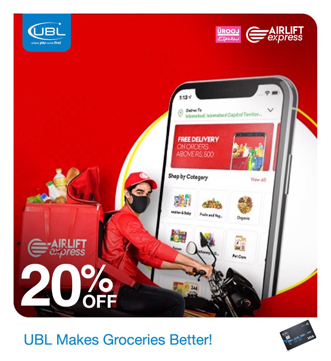 UBLDigital's tweet photo. Skip the store and get your groceries delivered at your doorstep. Enjoy 20% discount at Airlift Express on all UBL Visa Debit Card.
Terms and Conditions apply.
#UBL #UBLDiscounts #UBLCards #AirliftExpress https://t.co/MakwaYYOe0