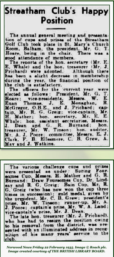 SocStreatham's tweet photo. #OTD 22 February 1935 this article appeared in the Norwood News- AGM of the Streatham Golf Club at St Mary's Church Balham
The Streatham Golf Club played on Tooting Bec Common. #StreathamHistory #TootingCommons @TootingCommon https://t.co/LvAHDIET9F