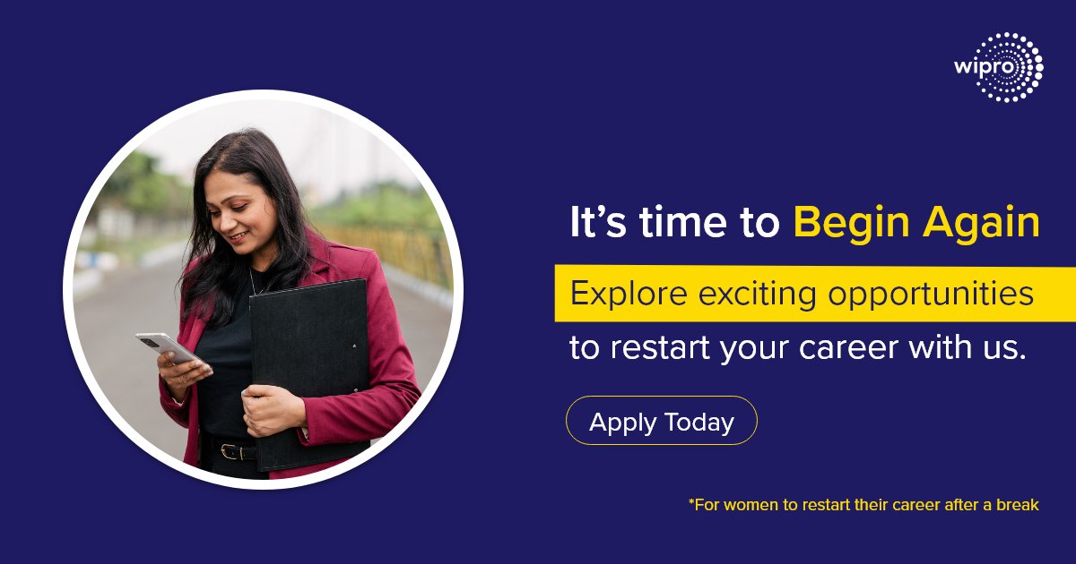 .@Wipro invites #womenprofessionals to begin again after their #careerbreaks. Interested candidates can apply here: hubs.li/Q014DGmq0

 #WiproCareers #BeginAgain