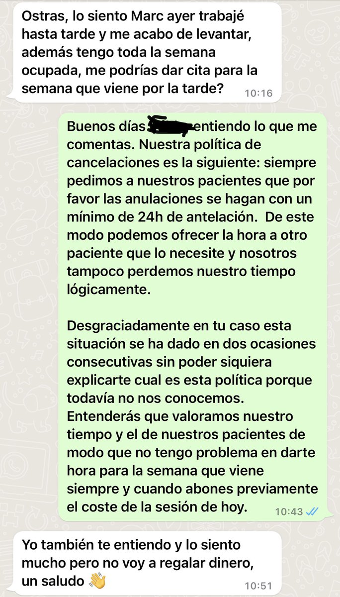 Marc_Lari's tweet photo. El mismo paciente (primera visita) que me anuló la sesión porque jugaba el Barça la semana pasada hoy me ha dejado plantado sin avisar. Aquí tenéis la conversación posterior. 

PD: 1,2,3,4,5,6 yo me calmaré todos lo veréis...😒 https://t.co/6muoJeYUJ7