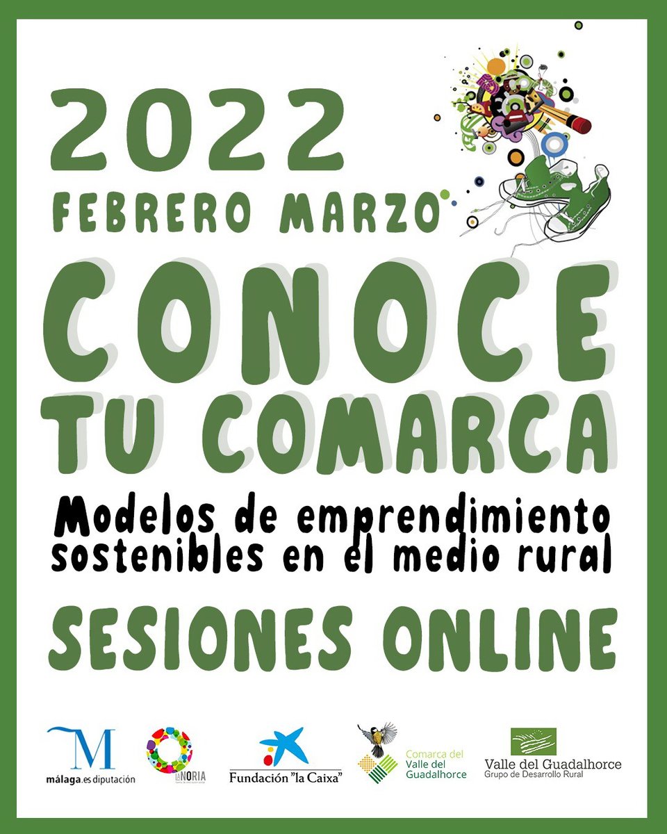 lanoria_mlg's tweet photo. 🟢 La Noria y @gdrguadalhorce inician cinco sesiones sobre modelos de #emprendimiento sostenibles en el #mediorural
 
🗓️ Días 23 y 25 de febrero, y 9, 11 y 16 de marzo
 
🕛 12.00 a 12.45h
 
💻 Online vía Zoom
 
🤝 Enmarcado en el convenio entre @diputacionMLG y @FundlaCaixa https://t.co/yr1BN8xCPI