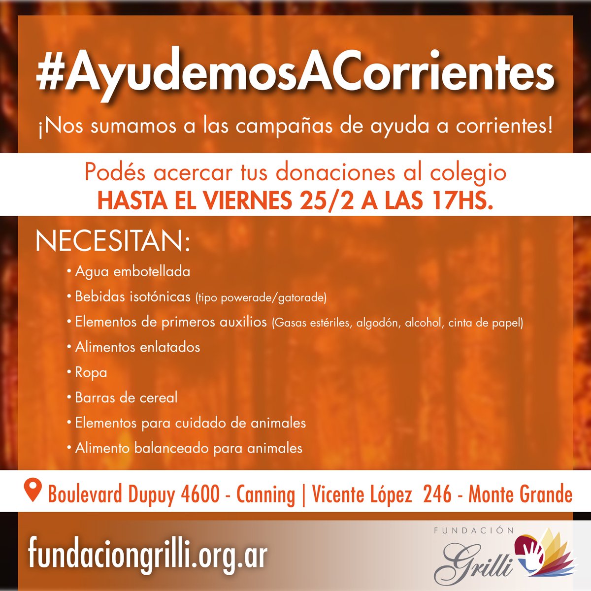 🆘 #AyudemosACorrientes 🚨
¡Nos sumamos a las campañas de ayuda a Corrientes!
👉 Podés acercar tus donaciones al colegio HASTA EL VIERNES 25/2 A LAS 17HS.
📍 Boulevard Dupuy 4600 - Canning | Vicente López  246 - Monte Grande  
Necesitan:...
instagram.com/p/CaR5J5bu87c/…